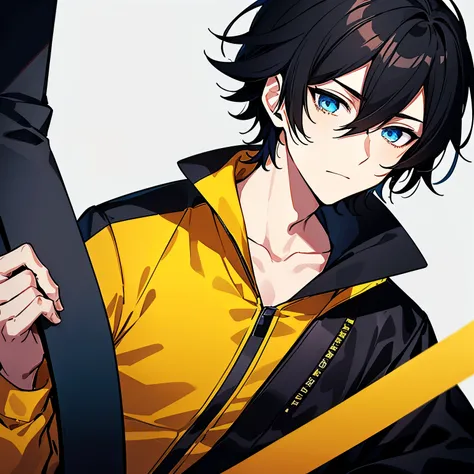 young adult male character, short messy black hair with one yellow stripe, blue eyes, he had a calm expression, wearing orange jumpsuit, and drawn in an anime style