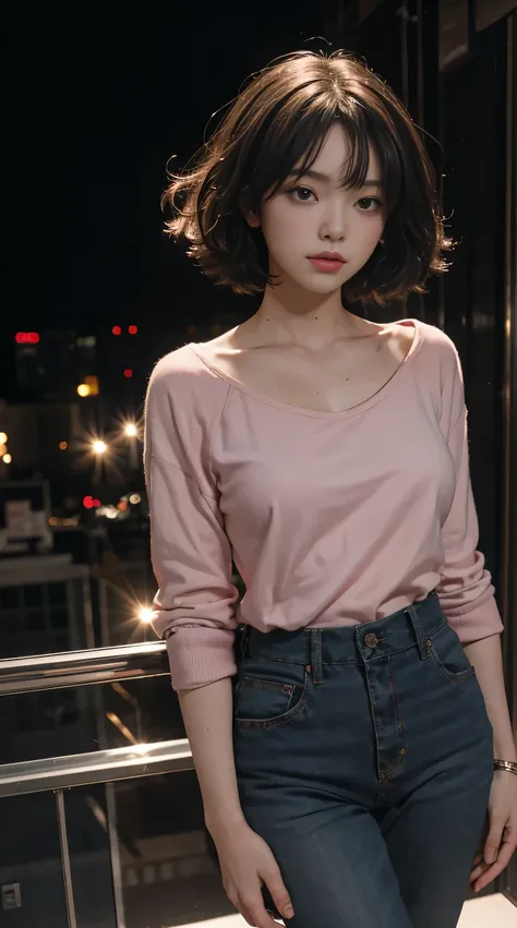 best quality, masterpiece, ultra high resolution, (fidelity: 1.4), original photo, 1 girl, Mature, pink top, Cinema lighting