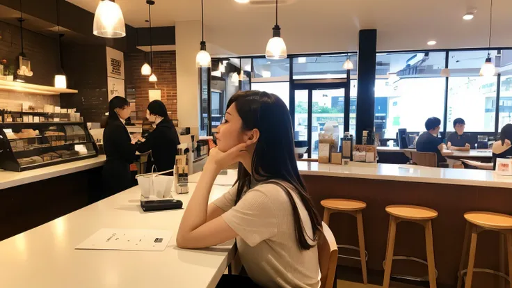 (masterpiece, best quality:1.2),
young Japanese girl is studying relax cafe counter, (looking away), coffee machine, Cafe Ambiance, Relaxed, Sophisticated, Easy-listening, Warm, Urban Chic, Lounge