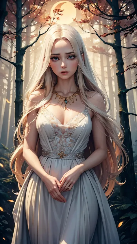 A very beautiful and scared woman, detailed eyes, detailed lips, extremely detailed face, long eyelashes, porcelain skin, flowing golden hair, wearing an elegant white dress and a delicate necklace, standing in a dark forest with tall trees and a crescent ...