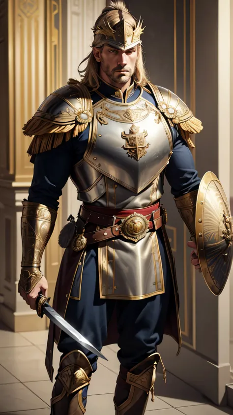 (best quality,4k,8k,highres,masterpiece:1.2),ultra-detailed,(realistic,photorealistic,photo-realistic:1.37),man,Royal Soldier,strong,confident,dignified,tall,standing tall,,athletic,broad shoulders,well-built,body armor with intricate engravings,ornaments ...