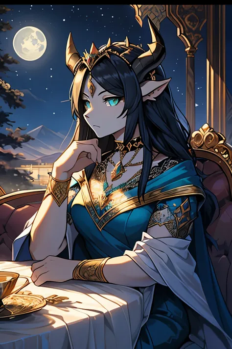 An anime charr princess of the night, solo, elegantly seated on a plush couch, deep in thought, her captivating emerald eyes closing as she contemplates, wearing a regal cyan and indigo gown adorned with shining moon motifs and intricate lace-like patterns...