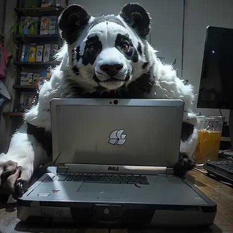 Panda gendut main laptop di rumah gaming