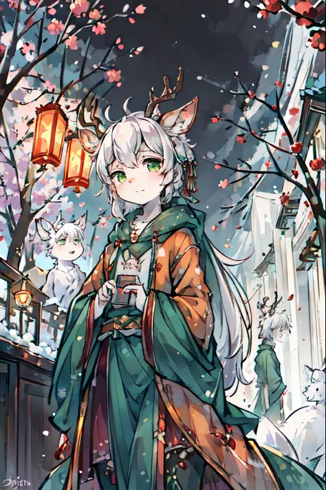 ink style，a white deer，antlers，Plum tree，Plum petals，plum blossom branch，Stand by the tree，green-shirt，long cloak，Flowing cloak，Cute Shota，green eyes，Relieved，Orange trees，The trees are full of oranges，There is a book next to you，Mountain，white hair，Purple...