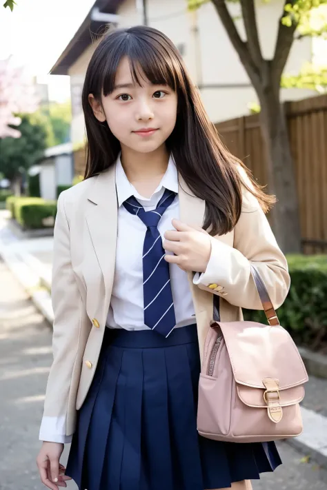 japanese,11 year old,teens girl,cute little,elementary student,private elementary school,校服,blazers,a school bag,springtime,nude...