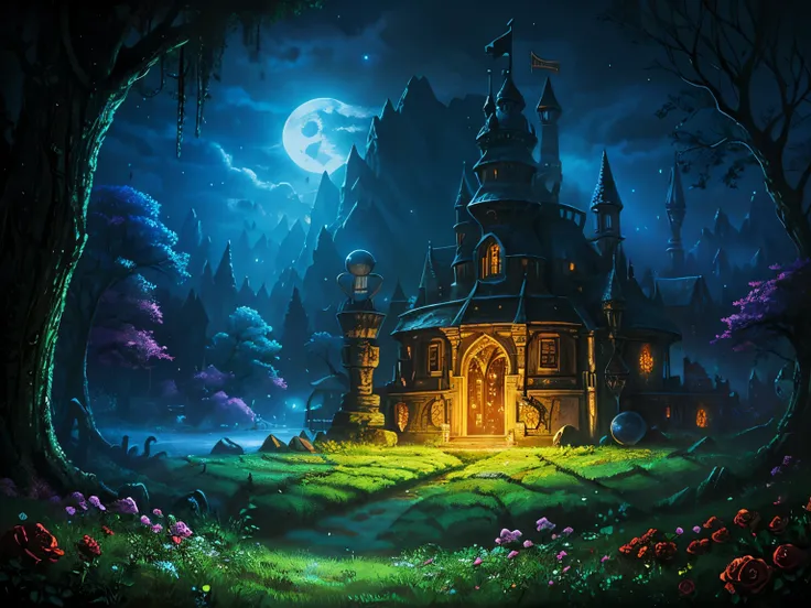 avantasia land, moonglow, circus tend, grass field, dark forest, roses field