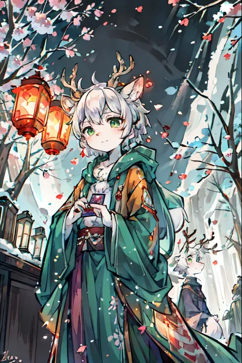 ink style，a white deer，antlers，Plum tree，Plum petals，plum blossom branch，Stand by the tree，Green shirt，long cloak，Flowing cloak，Cute Shota，green eyes，relieved，Orange trees，The trees are full of oranges，There is a book next to you，Mountain，white hair，Purple...