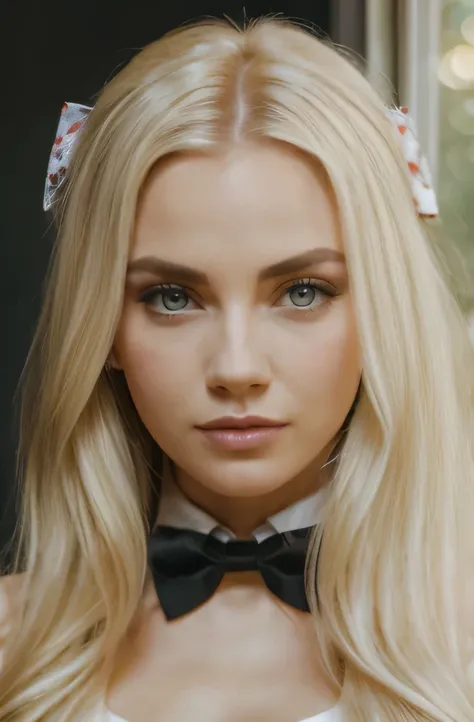 Blonde woman with long hair and bow tie posing for a photo, ein Bild von Emma Andijewska, Instagram, Realismus, Anastasia Ovchinnikova, Yelena Belova, Anna Nikonova alias Newmilky, perfect white haired girl, beautiful blonde girl, long blonde hair and big ...