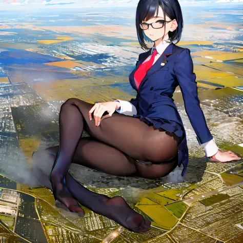 multiple girls, Giantの芸術, 非常に詳細なGiantショット, Giant, short hair, A high school girl who is much bigger than a skyscraper, wearing rimless glasses, big breasts, big ass, navy blue blazer, red tie, mini skirt, black pantyhose, pantyhose barefoot, Steam comes ou...