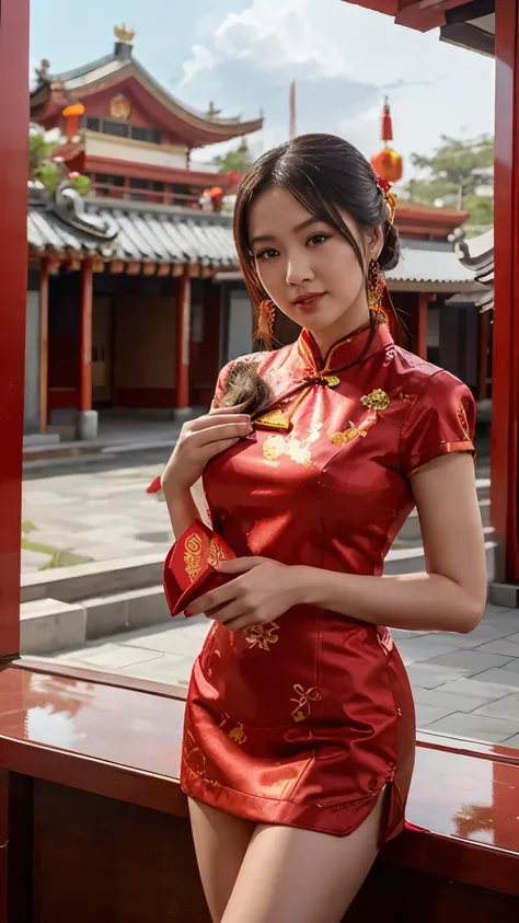 Sexy Chinese new year girl wearing qipao cheongsam holding a red packet, bright sky, clouds, new year 2024