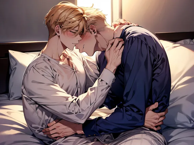 BL manga yaoi,two male,beautiful men、Facing each other, kissing, putting my arms around my neck, stroking, resting on my lap hip line bedroom,light blush open shirt 鎖骨 male focus 