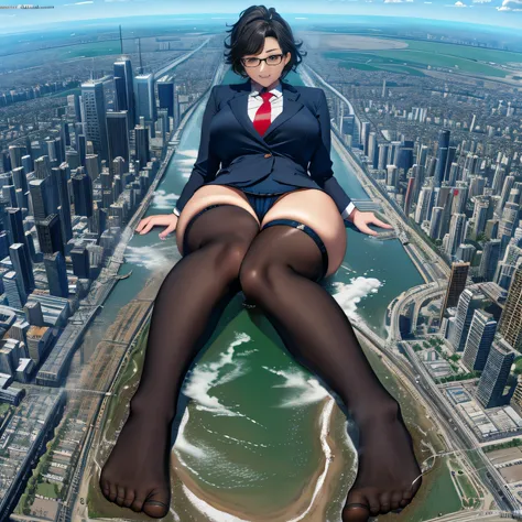 multiple girls, Giantの芸術, 非常に詳細なGiantショット, Giant, short hair, A high school girl who is much bigger than a skyscraper, wearing rimless glasses, big breasts, big ass, navy blue blazer, red tie, mini skirt, black pantyhose, pantyhose barefoot, Steam comes ou...