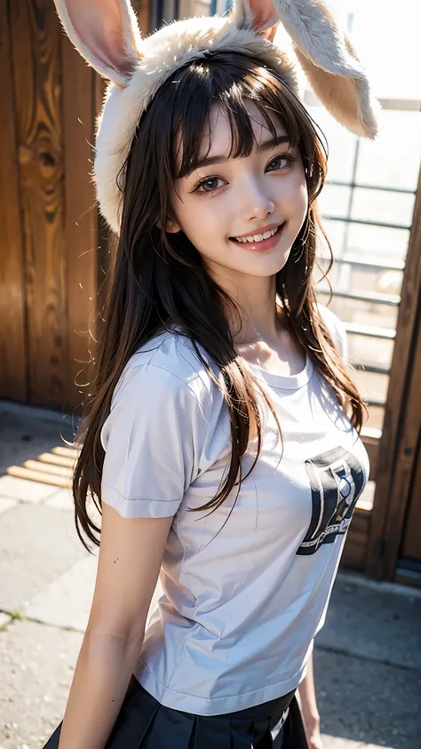 highest quality, masterpiece, ultra high resolution, (realistic:1.4), (close portrait) RAW photo, 1 girl, 22 years old,wink,((Whitening))slender body,medium chest,((Chibi T-shirt and pleated skirt)),((Rabbit ear hat))、((long hair with straight bangs)),((lo...