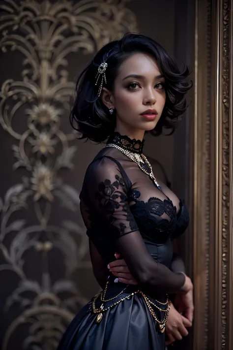 (best quality, 4k, 8k, highres, masterpiece:1.2), ultra-detailed, (realistic,photorealistic,photo-realistic:1.37), gorgeous light skin black woman, seductive gaze, elegant posture, gothic background, sensual beauty, glamorous fashion, black gothic gown, pa...