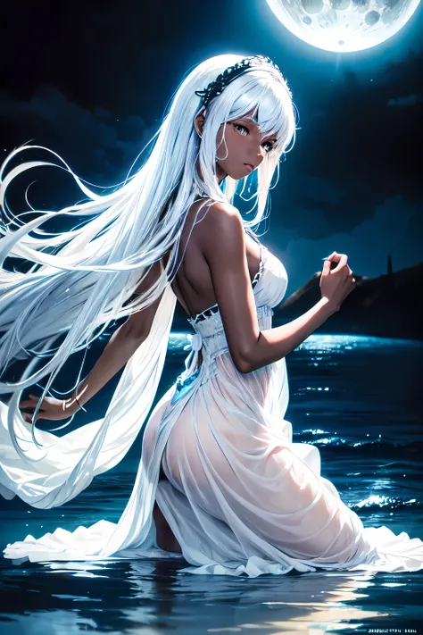 Uma garota de pele negra com cabelos brancos e um vestido azul claro, by the moonlit sea, ao estilo de Luis Royo - (s2)

A black girl with bright white hair and a calm appearance, traje em tons de azul, poses serenely by the sea under the radiant glow of t...