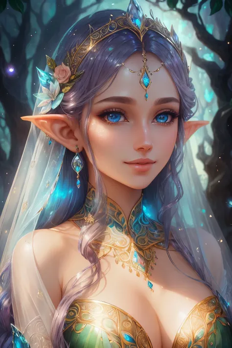 (best quality:1.2), ultra-detailed, photo-realistic, close-up shot, a stunningly beautiful elven woman with a radiant smile, intricately detailed eyes that sparkle like gemstones, luscious lips that seem to glow with inner light, vibrant and richly saturat...