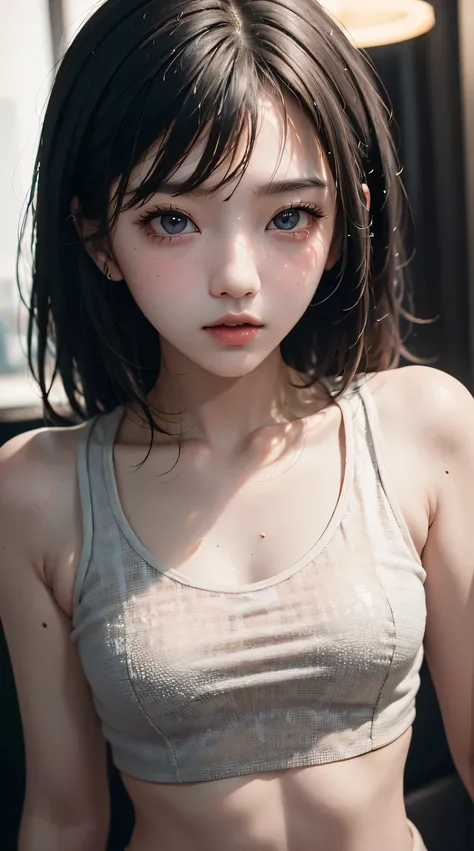 (masterpiece, best quality, beautiful girl, pretty face:1.2), (close up face:1.1), 8k, official art, raw photo, absurdres, crop top, looking at viewers, slender, teen, facelight, film grain, chromatic aberration, sharp focus, dynamic lighting, cinematic li...