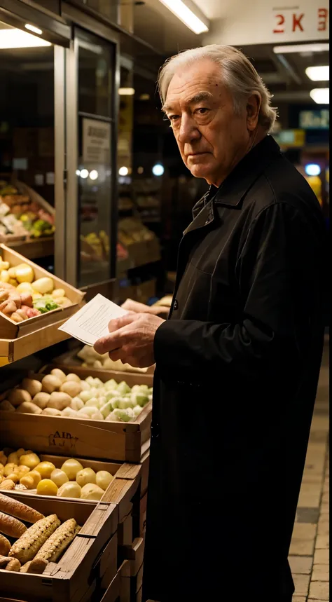 Masterpiece, Highest Quality, Ultra-Detailed, Hyper-Real, Michael Gambon, perfect face, FOTO FRONTAL, cinematic lighthing, full body, Fish market shopping