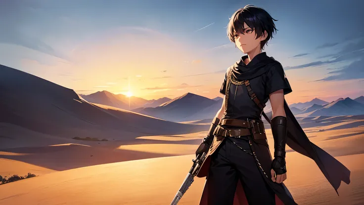 Sunset sky, black short hair, Assassin costumes, beautifully drawn, 10 years old, high quality, Super detailed CG illustration of a boy with a calm expression, Staring into the distance with light blue hair gently swaying in the desert breeze. The scenery ...