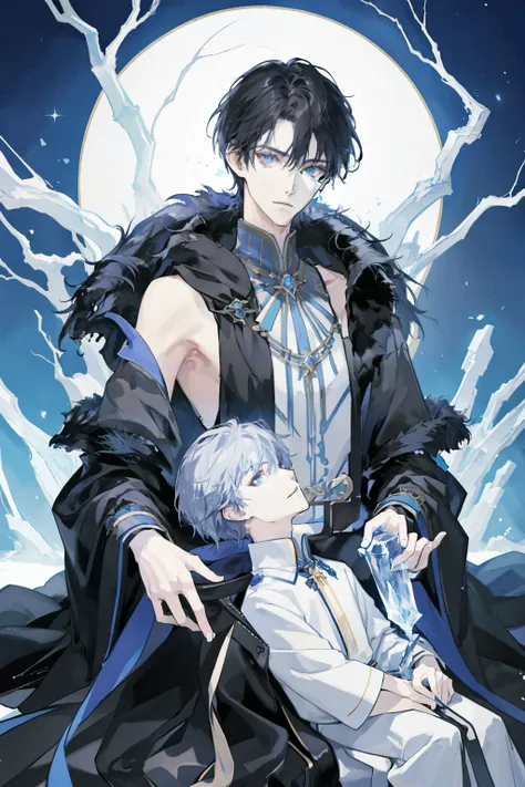 masterpiece, highest quality, 1 boy, aダルト, good looking, tall and slender boy, broad shoulders, small eyes and small face, a, fantasy, epic background, throne, magic effect, ice, Depth of bounds written,Game Characters,ロシa人,Black fur coat
