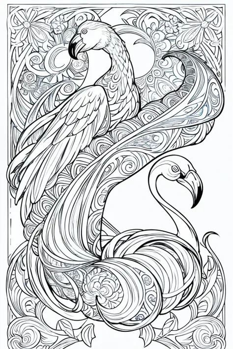 Ultra-detailed flamingo coloring pages, crisp lines defining every feather and curve, intricate mandalas adorn the white background, a perfect AR 2:3 ratio for optimal coloring experience, the white background allowing the vibrant hues of the flamingo to p...