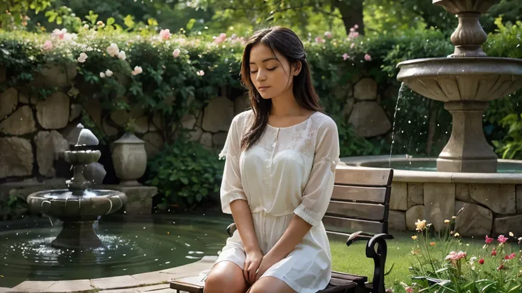 Imagine a peaceful garden, with vibrant flowers blooming in abundance and butterflies fluttering from blossom to blossom. A figure sits on a bench, surrounded by the fragrance of roses and the soothing sound of a trickling fountain. They close their eyes a...