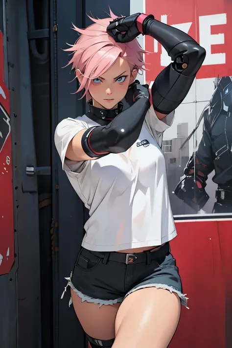 concept art, detailed sketch, sketch drawing, manga art style, young woman in casual black blouse with short shorts, British features, short pink hair with dark roots, light blue eyes, slightly defined muscles, slightly muscular arms, wearing gloves punk, ...