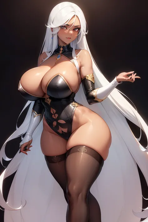 A seductive female with huge breasts and brown skin adorns the scene, her slim figure contrasting the voluptuous curves of her chest. Her long, white hair cascades down her back, framing her face with radiant brilliance. She dons high heels that elongate h...