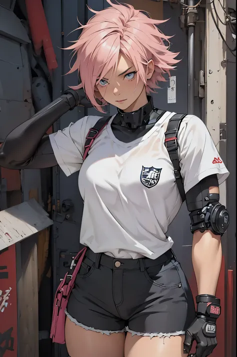 concept art, detailed sketch, sketch drawing, manga art style, young woman in casual black blouse with short shorts, British features, short pink hair with dark roots, light blue eyes, slightly defined muscles, slightly muscular arms, wearing gloves punk, ...