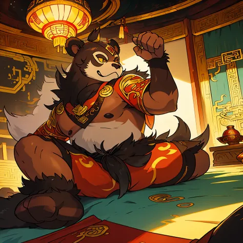 Pandaren martial artist，Heavy fur，world of warcraft，gaming character，The background is the scenery of China ancient architeture, half in bed，China