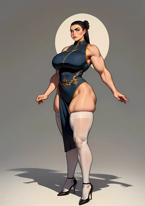 tmasterpiece，（Full body like:1.1），Burly woman，Exaggerated large muscles，Beautiful and charming Chinese woman face，white stockings，Pointed-toe heels， 1female，Thin waist，Very broad shoulders，Huge latissimus dorsi， Strong and powerful arms，Stout arms，Thick an...