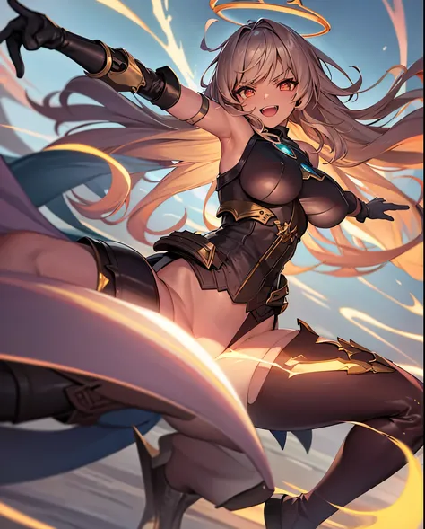 fantasy, 1angel_girl,, ,brown_hair, medium_bob_hair, long_bangs, halo,bare_shoulder,thighhighs,silver_armor, waist_armor, large_breasts,angry,grinning,open_mouth_teeth, 1pair_wings, dynamic_pose_fighting,floating, bare_crotch, headgear,gauntlet, greaves,ci...