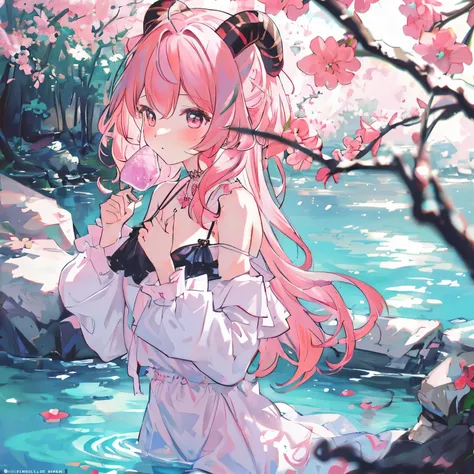 (masterpiece, best quality), 1 girl, hot spring, blush, pink hair, horns, solo, off shoulder, wrist scrunchie, pussy outline, perfect anatomy, Anatomically correct , beautiful hands, intricate hands, artist study hands
