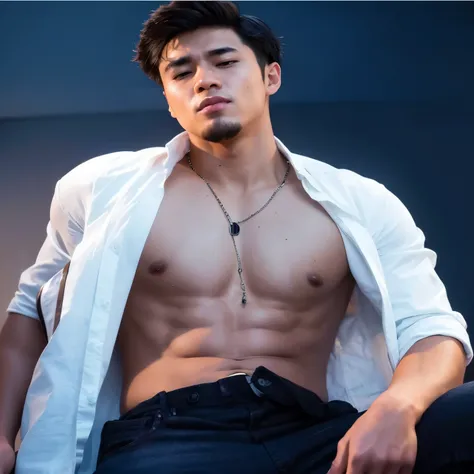 A 25 year old Indonesian man without a shirt and unzipped black jeans, posing for a photo, handsome chad chin, sweet face, inspired by Ahmad Al Ghazali Köhler