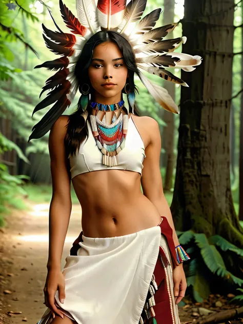 native american girl in a red dress with feathers and jewelry, wearing a native american choker, a young pocahontas, gorgeous yo...