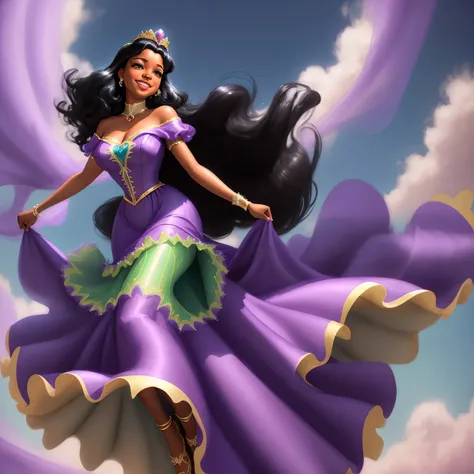 
Princess Tiana in Disney-Pixar style animation, vestida com um vestido de seda roxo, cabelo preto brilhando, olhando para cima, to an unadorned clear blue sky, sorridente, um retrato de corpo inteiro posicionado perfeitamente no centro, under cinematic, g...