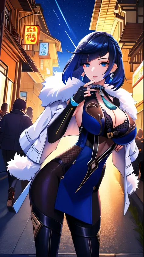 (4k,masterpiece, high resolution, best quality:2, breathtaking, ultra detailed:1.4),A cool female in the street at night,Yelan,yelan,1girl,breasts,yelan (genshin impact),solo,gloves,short hair,looking at viewer,large breasts,fur trim,blue hair,jewelry,clea...