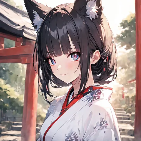 highly detailed eyes, (1 girl, alone:1.5), white kimono, Yukata, fox ears, japanese classic clothes, black hair, dull bangs, torii, (smile:0.8),