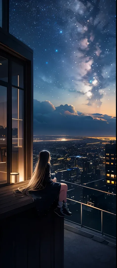 octane, null, star (null), scenery, starry null, night, 1 girl, night null, alone, outdoor, building, cloud, milky way, sitting, wood, long hair, city, silhouette, cityscape  