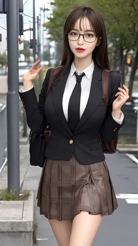 masterpiece, best quality, ultra-detailed, illustration,, (paisura:1.4), 1girl, glasses, big breasts, necktie, sexy skirt, bag, sexy school uniform, black hair, outdoors, road, between breasts, street, school bag, ground vehicle, danchi, japan,,  slender b...