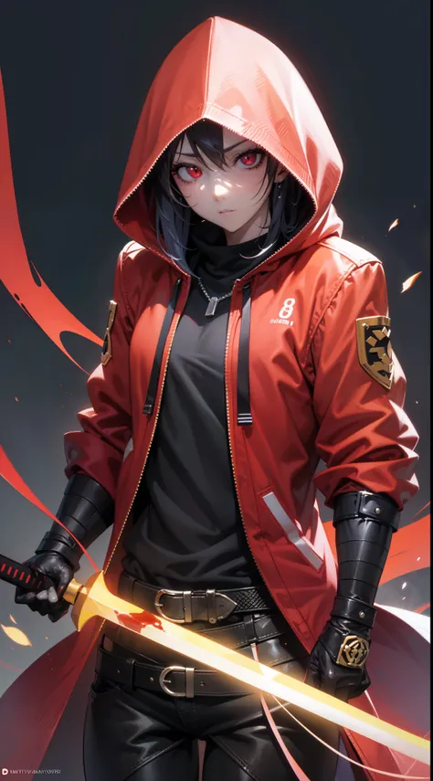 (best quality, 4k, 8k, highres, masterpiece:1.2), ultra-detailed, (anime: 1.2), anime character with red eyes and a black hoodie...