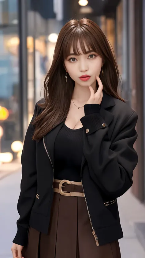 rolua,, , 1girl, ahoge, bangs, black skirt, black sweater, blue nails, blurry, blurry background, breasts, brown eyes, brown hair, brown jacket, closed mouth, dated, day, depth of field, earrings, eyelashes, hand up, head tilt, jacket, jewelry, long hair, ...