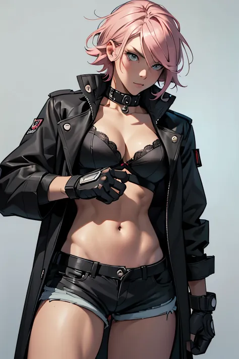 concept art, detailed sketch, sketch drawing, manga art style, young woman in casual black coat with cleavage showing black bra and short shorts, British features, short pink hair with dark pegs on top, light blue eyes, lightly muscled defined, slightly mu...