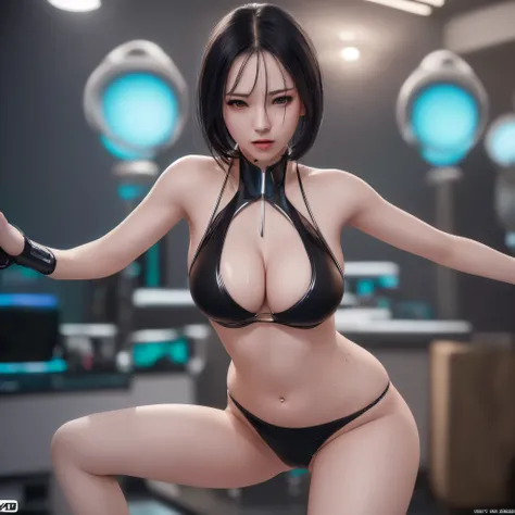 A sexy female android in a bikini is in waifu mode, dancing erotically in the living room. (best quality,4k,8k,highres,masterpiece:1.2),ultra-detailed,(realistic,photorealistic,photo-realistic:1.37),HDR,professional,physically-based rendering,studio lighti...