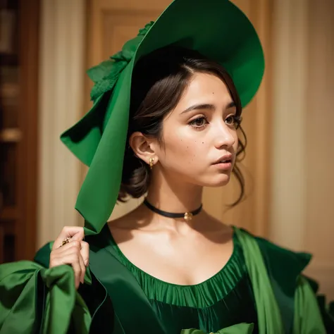 arafed woman in a green dress with a green bow, by Eliseu Visconti, 1 9 7 6, 1976, in a high renaissance style, 1 9 7 7, 1977, gregoire and manon, 1 9 7 3, 1973, 1971, 1 4 8 0 s