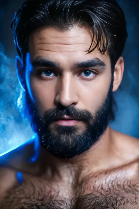 A man with blue mists surrounding his eyes. Hunky, hunk, hairy, very hairy chest. Theres a unnatural diamond-blue glow in his eyes