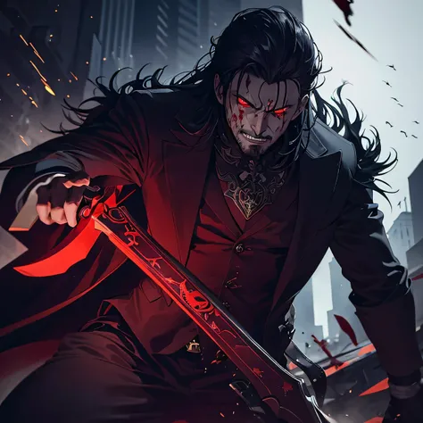 dark villain-like man, psyco-face, surrounded by evil spirits, blood-stained big sword in his hand, is choking a human neck, destroyed city background,detail quality, best detail