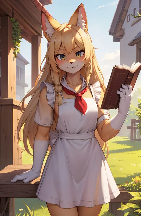 solo,masterpiece, 8k,best quality ,furry girl,8k,hdr,hires,high detail fur,
outdoors,servalcat,holding_book
perfect anatomy,blonde,long hair,look at looking at viewer,(white apron:1.1),red neckchief
