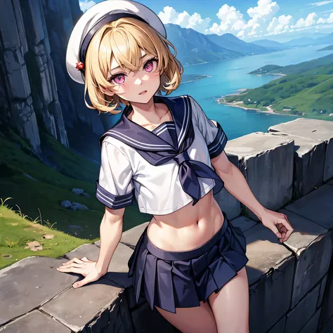 (masterpiece), 1boy, solo, best quality, expressive eyes, perfect face, (young boy, pretty boy), short hair, blond hair BREAK pink eyes BREAK sailor uniform, sailor hat, skirt, mountains, rocks, :/, exposed navel, standing 