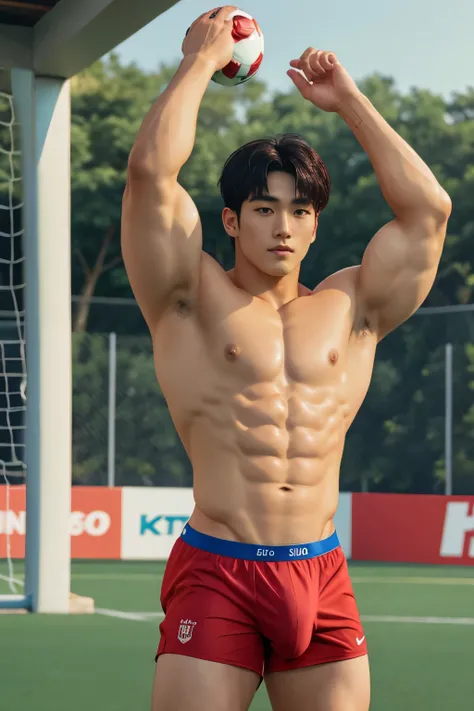 HOMEM COREANO, SEM CAMISA, PEITO MUSCULAR, volume na cueca, bulge, arms up,   grande, em campo de futebol